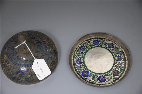 A 19th century Indian enamelled white metal dish and cover Diameter 16.5cm. H. 12.5cm.